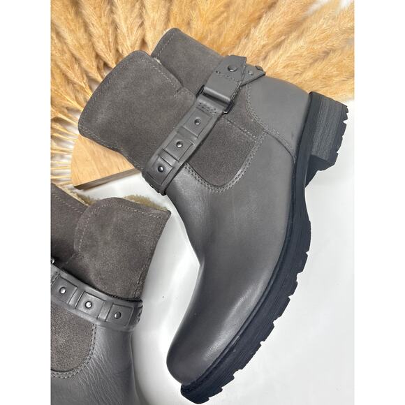 Earth Artistic Onyx Stone Grey Leather Suede Moto Ankle Boots Size 8.5 Buckle - Picture 3 of 8